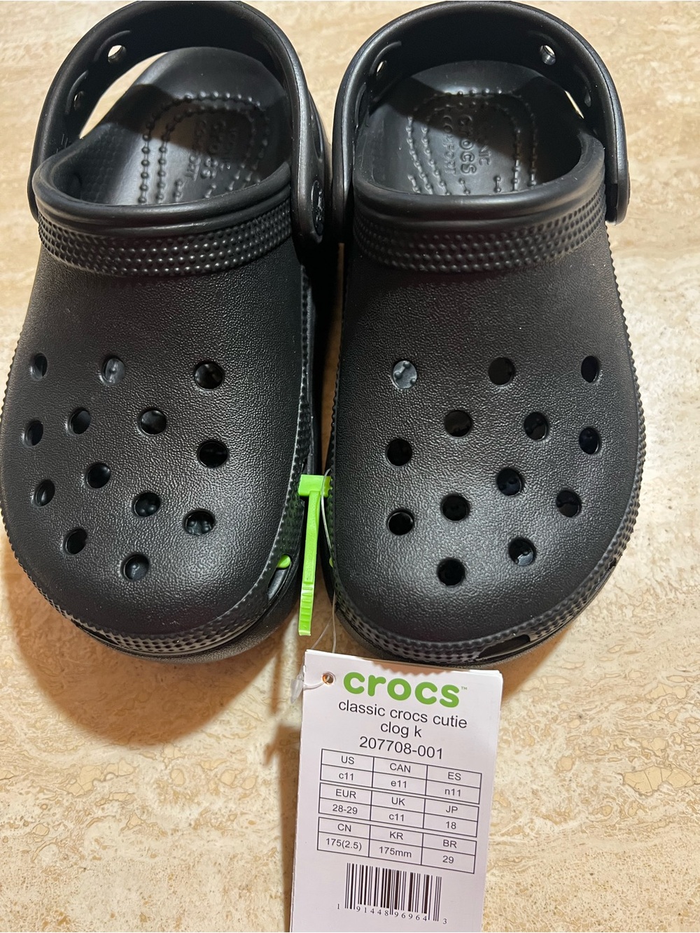 CROCS Kids Classic Clog in Black with Green Tag
